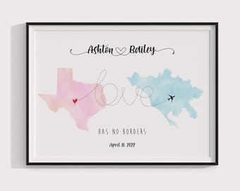Personalised Map Print - Any two countries or States - Custom Map Art - 54 Map color options |Love/Friends Map | long distance relationship