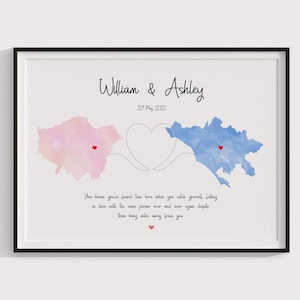Art personnalisé de la carte des relations interurbaines - Deux adresses, cadeau personnalisé pour les couples, impression d'amour interurbain
