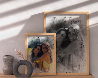 May include: Two framed photos of two women, one in color and one in black and white. The color photo shows the women smiling and hugging, with the text "Besties for life" above them. The black and white photo shows the women smiling and hugging, with the text "Friends Forever" above them.