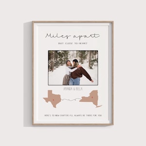 May include: Framed print with the text "Miles apart, but close to heart." Includes a photo of two people, state outlines of Texas and New York, and the names "Amanda & Bella." The bottom text reads "Here's to new chapter I'll always be there for you."