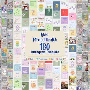 180 plantillas de Instagram sobre salud mental infantil, publicaciones de Instagram sobre desarrollo infantil, contenido de redes sociales sobre psicología infantil, carretes de terapeutas infantiles.