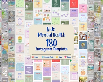 180 Kids Mental Health Instagram Templates: Child Development IG Post, Child Psychology Social Media, Reels and Posts, Editable Canva.