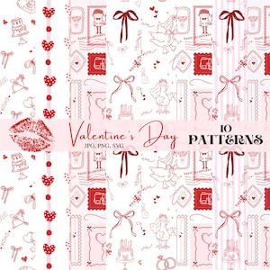 May include: Ten Valentine's Day patterns in red and white, featuring hearts, bows, cakes, and stamps. The image includes the text "Valentine's Day" and "10 Patterns". Ideal for digital design, the patterns are in JPG, PNG, and SVG formats.