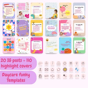 Può includere: Una collezione di modelli di post di Instagram e copertine in evidenza colorate. I modelli presentano contenuti educativi con illustrazioni e testo, tra cui argomenti come la cura di sé, i benefici della colorazione e le capacità di apprendimento. Il design include varie icone e il testo "Daycare funky Templates".