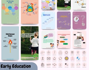 May include: A collection of Early Education Instagram templates. The templates cover topics like toy rotation, back-to-school essentials, child burnout stages, and the importance of play. The bundle includes 280 templates.
