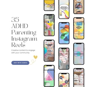 Puede incluir: Una colección de 35 Reels de Instagram coloridos diseñados para ayudar a los padres a comprender y apoyar a los niños con TDAH. Los Reels cubren temas como los tipos de TDAH, los síntomas y información adicional. El texto "35 ADHD Parenting Instagram Reels" se muestra en la parte superior de la imagen.