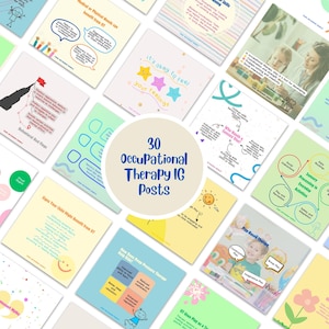 May include: A collage of 30 colorful Instagram posts with tips and information about occupational therapy. The posts feature illustrations, text, and photos of children.