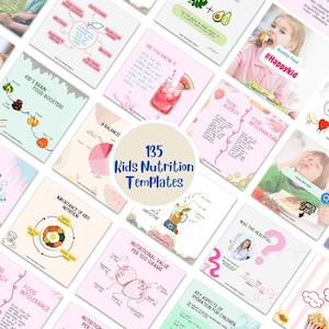 135 plantillas de Instagram sobre nutrición infantil, publicaciones de Instagram sobre desarrollo infantil, contenido de redes sociales sobre salud infantil, publicaciones sobre información nutricional, salud infantil.
