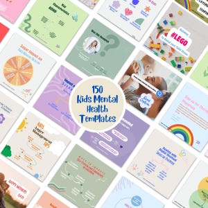 May include: A collection of 150 colorful social media templates for kids mental health. The templates feature illustrations of children, rainbows, and other playful imagery. The text on the templates includes phrases like "Kids Mental Health", "Impact of Screen Time", "Building #LEGO", and "Dealing with Digital Overload".