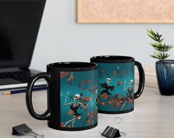 Halloween Frolicking Skeleton Themed Coffee Cup 11oz Black Mug