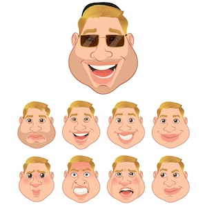 Puede incluir: Ilustración de dibujos animados de la cara de un hombre con varias expresiones. La imagen superior muestra una cara sonriente con gafas de sol. Debajo hay ocho caras adicionales que muestran diferentes emociones, incluyendo tristeza, felicidad e ira.