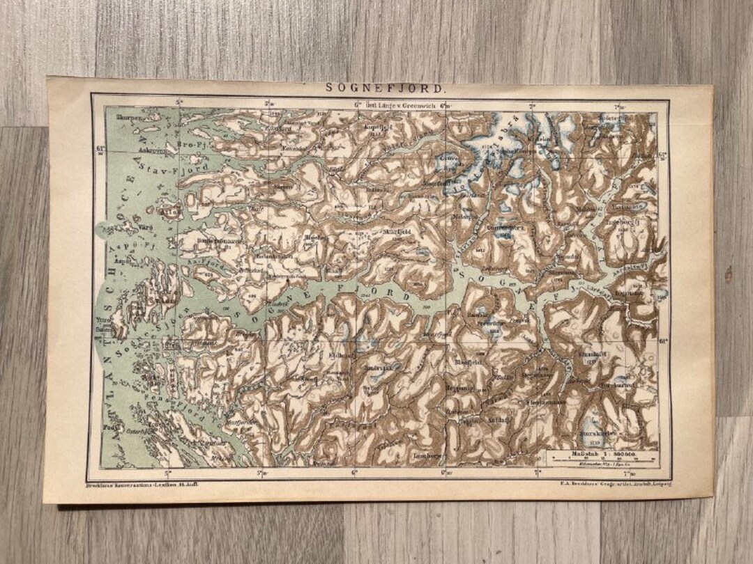 Antique Map of Sognefjord Norway. Encyclopedia Brockhaus - Etsy