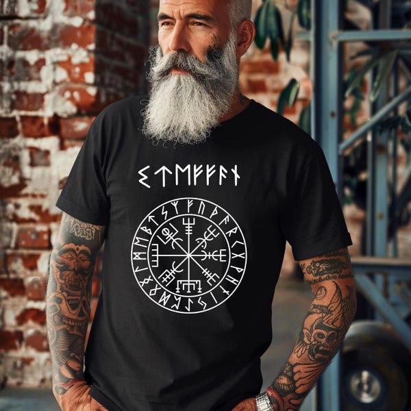 NAME in RUNES + Vegvisir , REAL Futhark rune style up to 5xl, Personalized / T-Shirt, Viking Shirt, Futhark Alphabet, Viking Compass