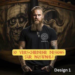 Può includere: Una maglietta nera con un disegno circolare bianco e la scritta "NMRRMP11". L'immagine include anche il testo "10 VERSCHIEDENE DESIGNS ZUR AUSWAHL!" e "Design 1". Lo sfondo presenta un'intaglio in legno.