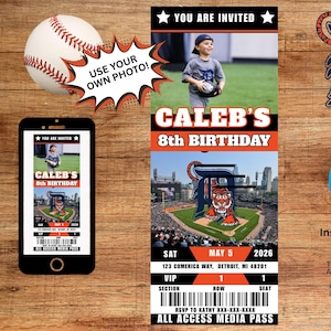 May include: A baseball-themed birthday invitation featuring a photo of a child, the text "Caleb's 8th Birthday," and a Detroit Tigers logo. The invitation is designed to be customized with a photo and includes event details.