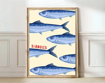 Retro Sardines Kitchen Print: Quirky Seafood Art (Digital Download