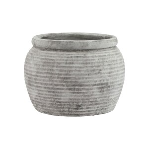 May include: A grey ceramic planter with a ribbed texture. The planter is round and has a wide opening.