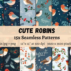 Papel digital de pássaros fofos, 15 padrões perfeitos para o Natal, projetos de artesanato, scrapbooking, padrões de robin, arquivos jpg e png