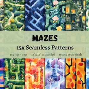 May include: 15 watercolour seamless patterns of mazes in various styles. The patterns include a green maze with flowers, a blue maze with stars, a green maze with a house, a red maze with leaves, and a blue maze with snow.