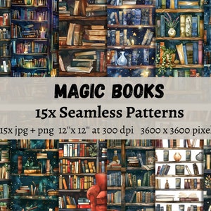 Carta digitale per libri magici, librerie, 15 modelli senza soluzione di continuità, carta per album stampabile, download istantaneo, jpg e png