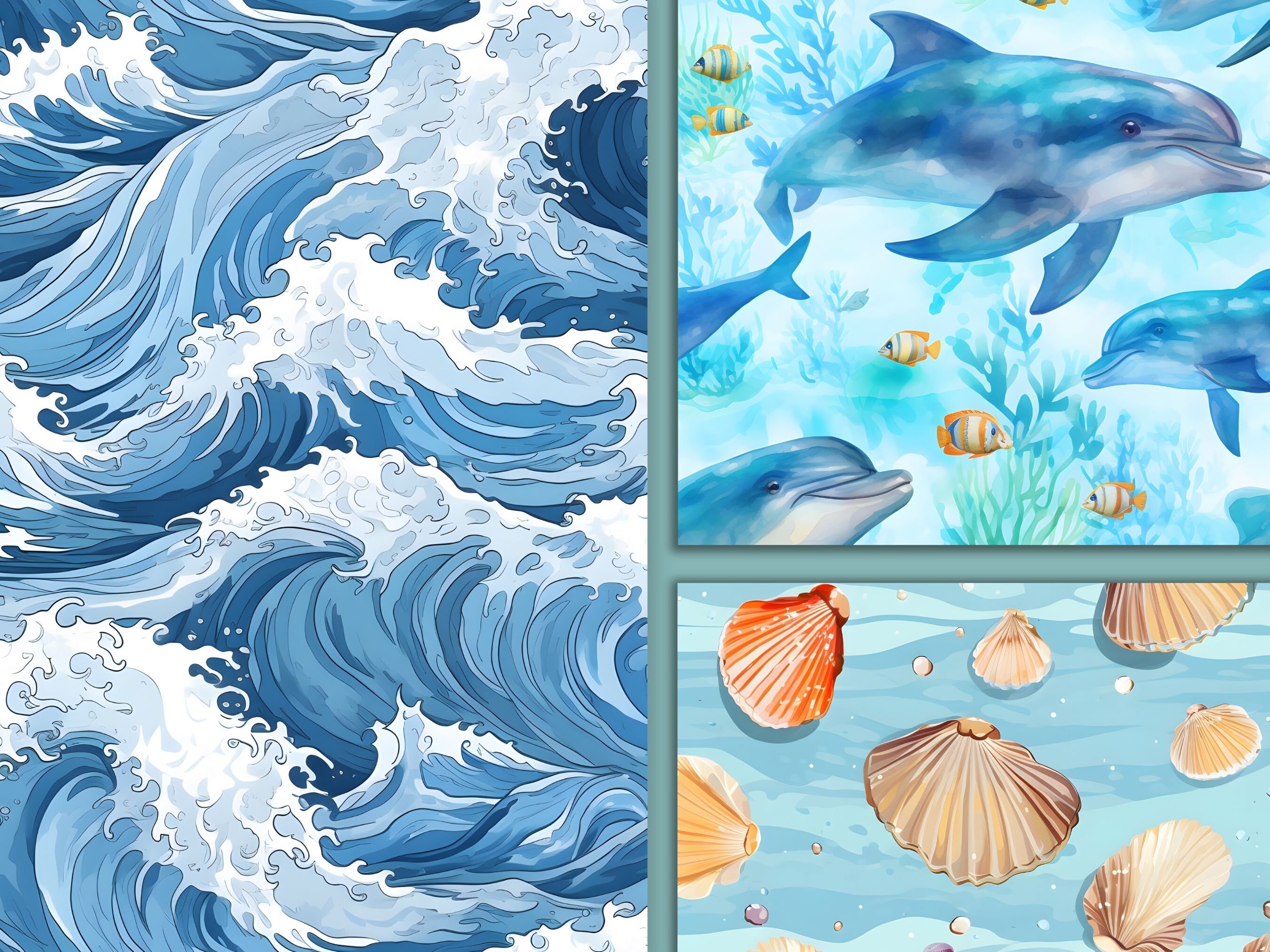 Underwater Life Digital Paper, Ocean and Sea Life, 15 Seamless Patterns ...