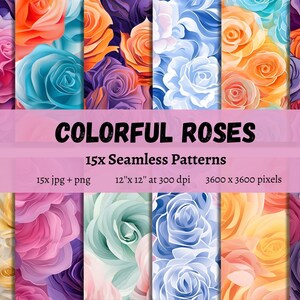 Colorful Roses digital paper, watercolor roses, 15 seamless patterns, printable scrapbook paper instant download, jpg and png file