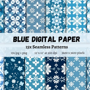Blue Scrapbook Paper, digital Paper, Simple Blue Pattern, 15 seamless patterns, printable Paper instant download, jpg + png