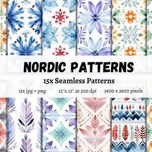 Carta digitale con modelli nordici, modelli scandinavi, 15 modelli senza soluzione di continuità, carta scrapbook stampabile, download istantaneo, jpg + png