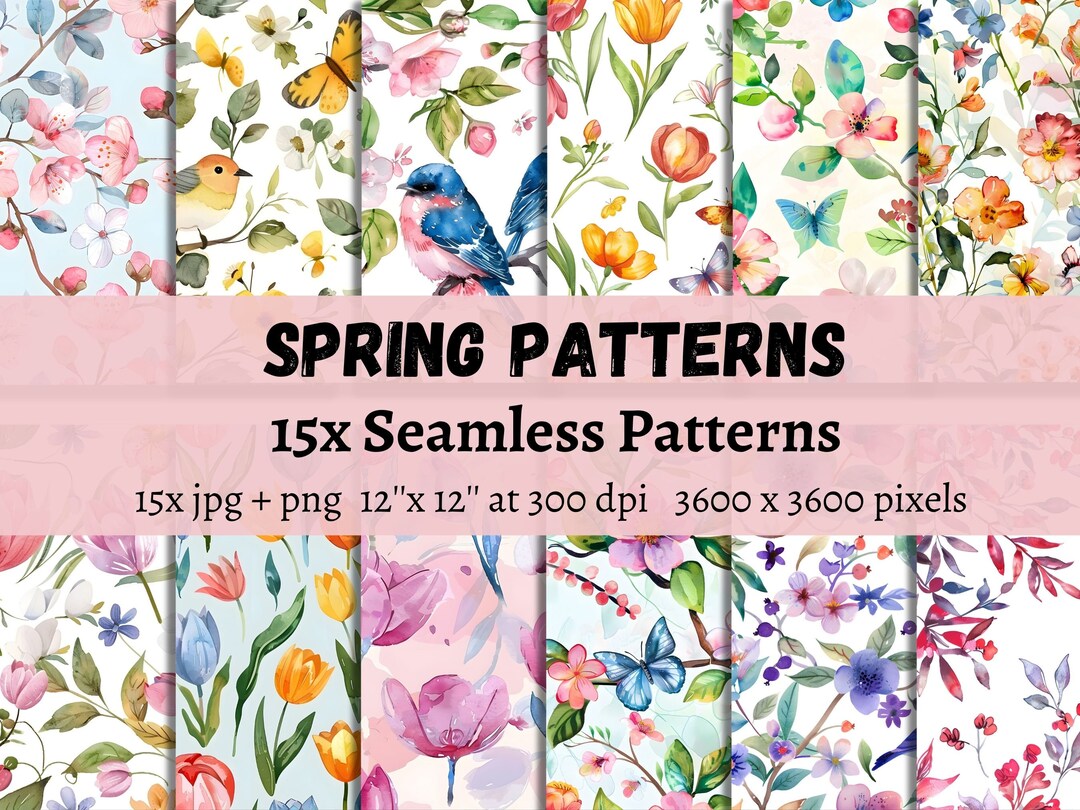 Spring Pattern Digital Paper, Watercolor Flowers, 15 Seamless Patterns ...
