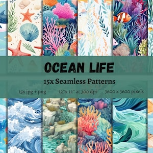 Onderwaterleven digitaal papier, aquarel oceaanleven, 15 naadloze patronen, afdrukbaar plakboekpapier, direct downloaden, jpg + png