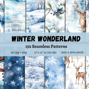 Carta digitale Winter Wonderland, design invernale ad acquerello, 15 modelli invernali senza soluzione di continuità, carta scrapbook stampabile, download istantaneo