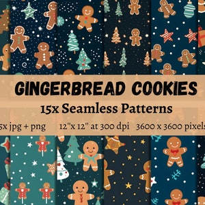 Könnte beinhalten: 15 digitale nahtlose Muster mit Lebkuchen, Weihnachtsbäumen, Sternen und Schneeflocken auf dunkelblauem Hintergrund. Die Muster sind 12 Zoll mal 12 Zoll bei 300 dpi und 3600 mal 3600 Pixel.