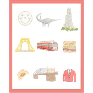 May include: Watercolor illustration of Pittsburgh landmarks and icons, including a smiley face cookie, a dinosaur, a cathedral, a bridge, a trolley, a sandwich, a pierogi, a bridge, and a red sweater. The text "PITTSBURGH CHARMS" is at the bottom.