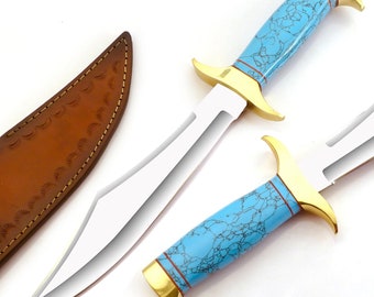 Handmade D2 Steel Hunting Knife, Camping Knife Survival Knife Blue Turquoise Stone & Brass Handle Birthday Gift Personalized Gift for Him US