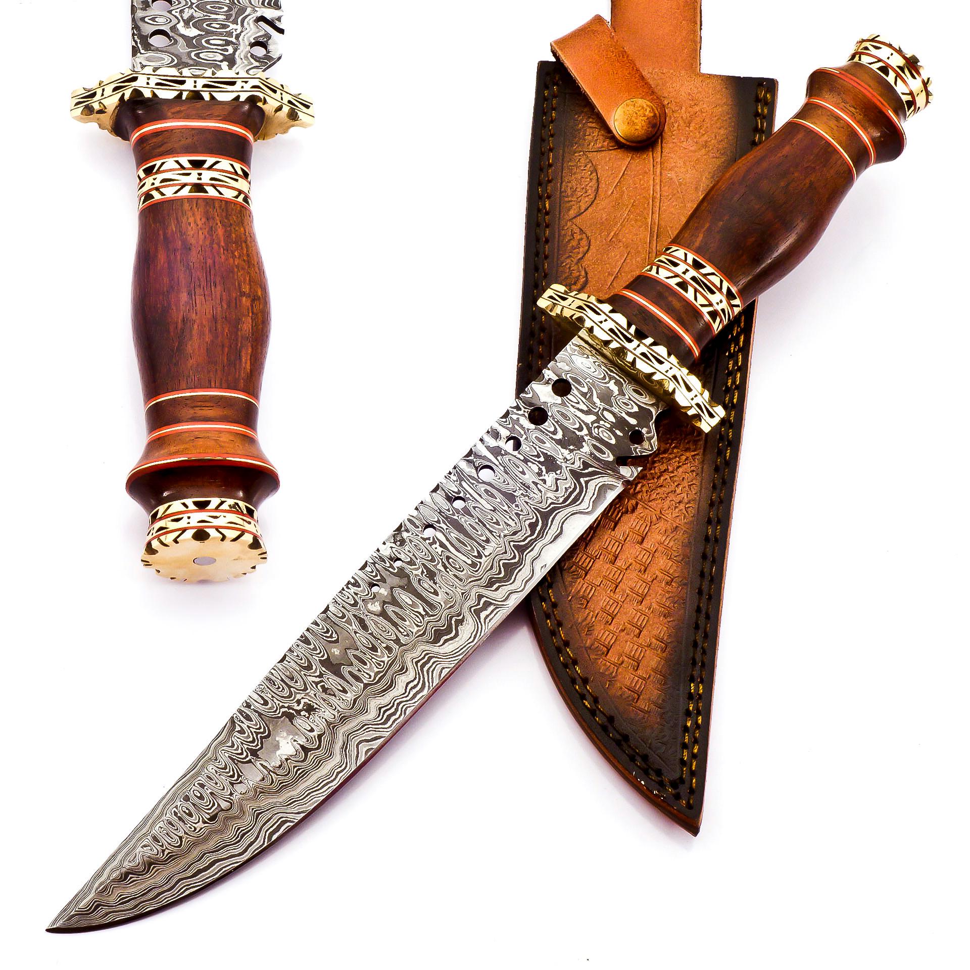 Handmade Bowie Knife, Fixed Blade Hunting Knife with Leather Sheath, Rose Wood & Brass Handle, Collectible Gift for Men