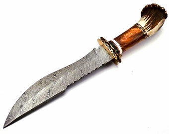 Damascus Steel Hunting Knife: Handmade Stag Horn & Brass Handle