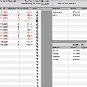 May include: A spreadsheet with a list of bills, due dates, amounts, and whether they have been paid. The spreadsheet is divided into three sections: "Total Due this Month", "Total Paid this Month", and "Past Due Bills".