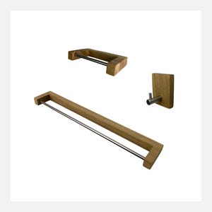 Set da bagno minimalista da 3 pezzi, porta carta igienica in legno, porta asciugamani in legno, piccolo porta asciugamani, realizzato a mano in legno e acciaio,