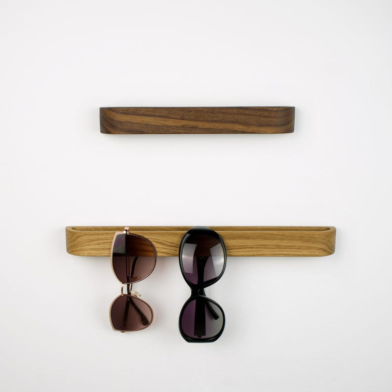 Minimalist wooden glasses holder made of natural oak wood, self adhesive wall hook for reading glasses, modern eyewear organizer for office, bathroom or hallway, Scandinavian design accessory