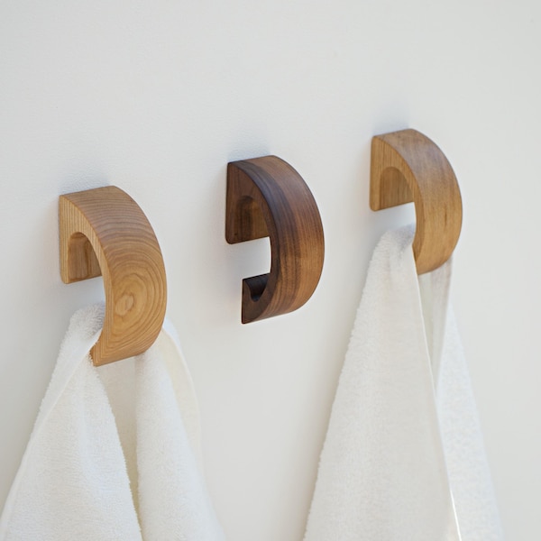 Minimalist Wood Towel Hook: Solid Oak, Ash or Walnut Hanger