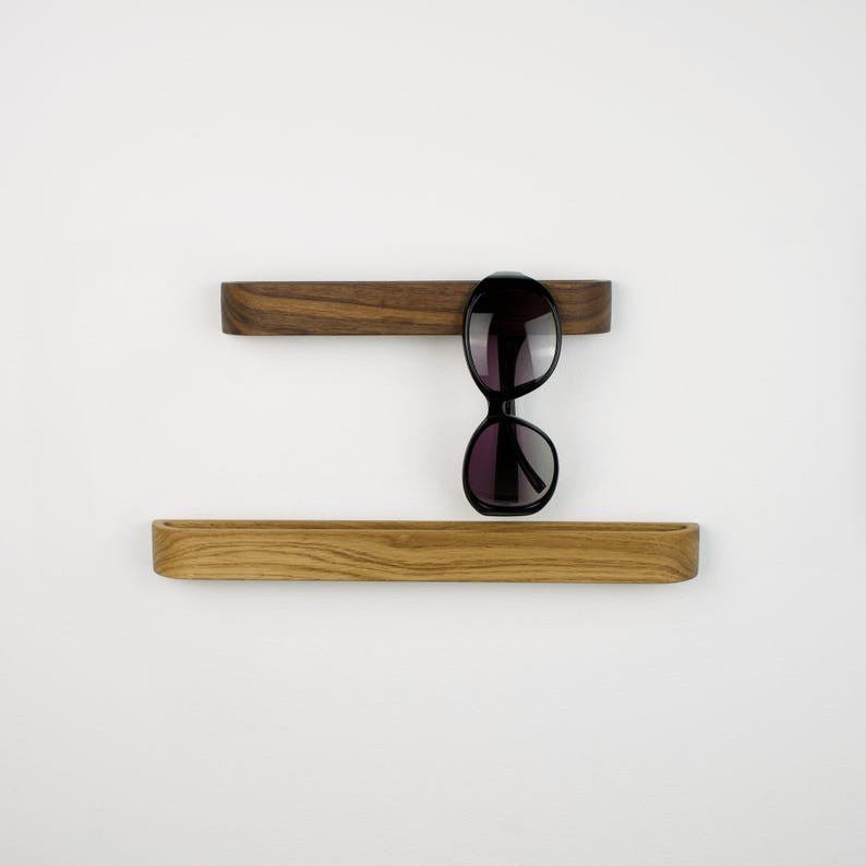 Wooden glasses holder with adhesive backing, made from natural oak wood, modern and practical eyewear hook for office desk area, bathroom wall or hallway organization