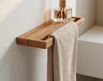 Badezimmerregal aus Eiche mit Handtuchhalter - Minimalistische wandmontierte Aufbewahrung