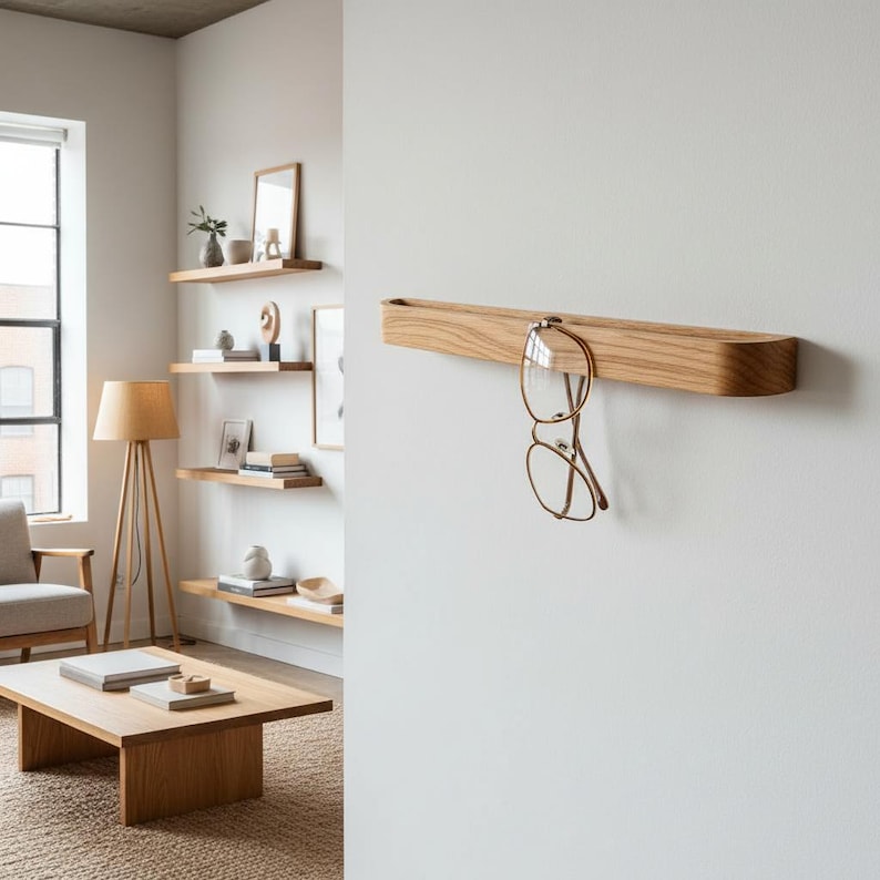 Minimalist self adhesive wooden glasses holder made from natural oak or American walnut wood, designed for modern interiors. This wall mounted reading glasses hook helps keep eyewear organized and always within reach in the office, bathroom or hallway. A practical, elegant and space saving wooden organizer with no drilling required.