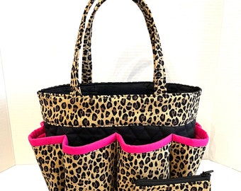 Cheetah print with pink trim Bingo bag With FREE COIN Bag // Nurse bag // Makeup bag organizer // Nurse tote