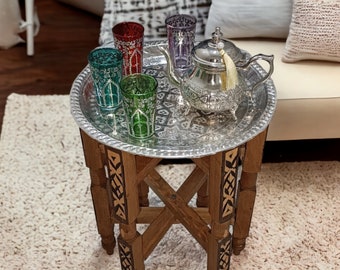 Moroccan tea table; Tray with Folding Cedar Wood+TEAPOT+4 CUPS