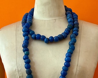 Vintage Blue Beaded Necklace, African Large Glass Beads, Ethnic Statement Jewelry