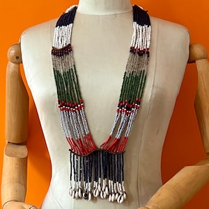 Beaded Strands Shell Statement Necklace, Antique Vintage African Native Craft Beach Boho