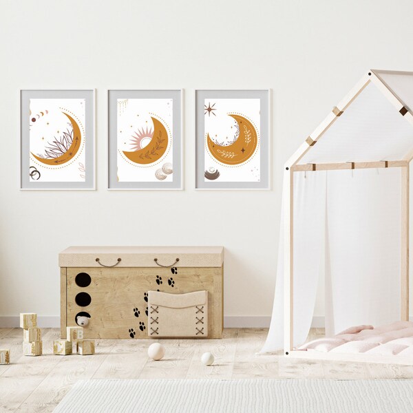 Impresión neutra de luna y estrellas, póster, luna boho, Arte de pared boho, decoración de la habitación boho,  impresión de arte lunar boho