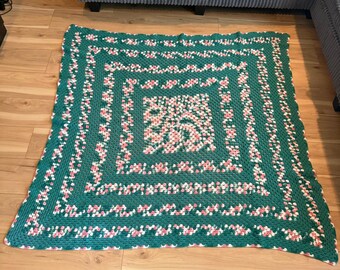 Handmade Teal Green Pink White Granny Square Crochet Afghan Blanket Throw Cozy