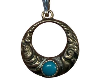 Sterling Silver Turquoise Pendant Necklace Southwestern Filigree Crescent Moon